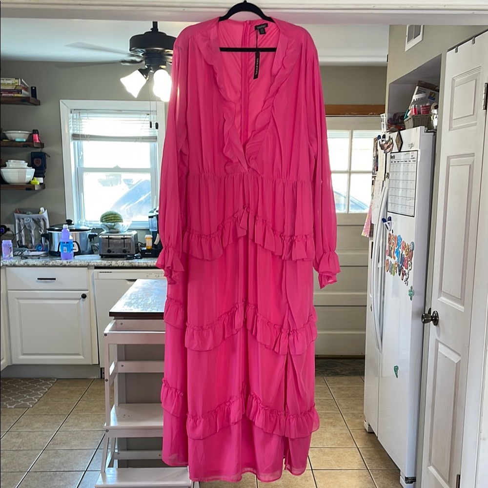 Pink Ruffled Tiered Resort Dress with Bishop Sleeves